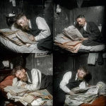 **abrahm vermont, un escritor adulto de 30 años en 1915 en rosario duermiendo acostado en el piso de noche. se tapa con diarios porque no tiene frasada. cubierto por los ejemplares de diario como sabana. 'the vols stimme' su diario escrito en idish litografiado. Vive entre sus palabras en su cuarto muy pequeño de conventillo y con pocas cosas, para escribir y litografia. Luz azulada, un poco de luz blanca desde la ventana que entra, la piel palida. imagen color. Escena de pelicula a color de thirller moderno ambientado en 1910 pero con la calidad actual de cine profesional. Vermont es dejado, tiene bigote largo pero sin barba y poco pelo y un poco gordo, viste formal, pero gastado. estas refes pero color <https://s.mj.run/5dNgcb83TZM> <https://s.mj.run/JFajRkYBXcU>** - <@985959374633717780> (fast)