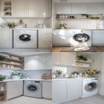 **odern apartment laundry room, one washing machine, sink, cabinets, light color palette, potted flowers, laundry products on shelves, clean and minimal design, bright natural light, cozy and organized, realistic, frontal view --v 6.0 --ar 9:16** - <@1095141824018010255> (fast)