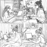 **a black and white colouring page for teenagers, clean outlines, a beautiful girl wearing glasses working at her laptop, on a simple desk in her very clutted bedroom,8x8 inch, simplistic --v 6.0** - <@1096775278010835044> (fast)