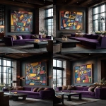 **a large framed figurative painting in the style of cubism by picasso, hanging on a dark wall above a modern purple velvet sofa in a contemporary hotel lobby. the lobby features dark wood and brick walls, large windows with a city view, moody lighting, and muted colors. this image appears to be an editorial photo shoot for architectural digest magazine, with a hyper-realistic aesthetic. --ar 9:16** - Variations (Strong) by <@1313000520759377972> (fast)