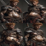 **Realistic 3d rendering. Epic battle scene. pregnant, Hyper muscular young elf with protruding stomach, handsome, tall, square jaw, short curly red hair, bright silver eyes, full bow-shaped bow-shaped, lips, defined muscles, vascular, freckles, pregnant belly, tattoos, square jaw, masculine features, handsome, short curly red hair, hyper oversized muscles, massive muscular arms, massive muscular biceps, massive muscular forearms, massive muscular legs, massive muscular thighs, massive muscular calves, hyper massive muscles, wearing leather armor, huge muscles, handsome, carrying large sword, running into battle. Realistic. --ar 9:16 --v 7.0** - Variations (Strong) by <@1222981214734913607> (fast)
-# Create, explore, and organize on [midjourney.com](<https://midjourney.com/imagine?from_discord=1>)