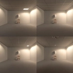 **A simple room with a carpeted floor, plain cream-colored walls, and a grey ceiling. In the middle of the room, there is an empty wall on which sits a small wooden chair. Hanging on that same wall is a white mask. The only light source comes from one side, giving the room a minimalistic, virtual reality-style appearance. --ar 1:1** - Zoom Out by <@538736737350975538> (fast)