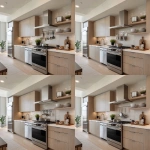 **interior design of a model unit showing the kitchen area. linear layout. all stainless appliances. chimney type range hood. stainless steel countertop with oak cabinets, silver pots and whisk hanging from the wall, accent wall tile behind the range --v 7.0** - Variations (Region) by <@1231814052913877045> (fast)