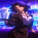 **Fuzzy 90s Anime screengrab, A night club filled with smoke and mirrors that reflect the single beauty standing back a bit walking forward, it's a woman in a business jacket and a long pencil skirt, dark brown stockings, she's carrying a tray with a large pitcher of ice, her hair midnight blue with purple tips and short cut hair ending around the shoulders, confident smile, narrow squinting blue eyes, pencil thin black eyebrows flat --ar 3:5 --niji 6** - Upscaled (Creative) by <@372629349565988865> (fast, stealth)
-# Create, explore, and organize on [midjourney.com](<https://midjourney.com/imagine?from_discord=1>)