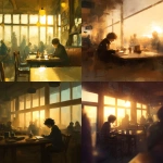 **a cozy early morning café interior, soft golden sunrise spilling through large windows, a lone writer with tousled hair scribbling in a notebook, coffee steaming beside them, ambient light catching floating dust motes, blurred motion of people picking up orders, warm tones, painterly style, cinematic depth of field, quiet inspiration, atmosphere of peace and creativity** - <@876267919003238460> (fast)