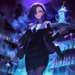 **Anime, A night club filled with smoke and mirrors that reflect the single beauty walking forward, it's a woman in a business jacket and a long pencil skirt, dark brown stockings, she's carrying a tray with a large pitcher of ice, her hair midnight blue with purple tips and short cut hair ending around the shoulders, confident smile, narrow squinting blue eyes, pencil thin black eyebrows flat --niji 6** - Upscaled (Subtle) by <@372629349565988865> (fast, stealth)
