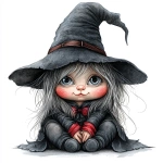 **Gothic adorable female gnome. Wearing all black ,sliver and red. Her witches hat is pulled down over her eyes. Her little button nose just peeking out from under the hat. Fine line drawing, airbrush design, watercolor, realistic cartoon rendering illustration isolated on white background --v 6.1 --s 250** - Image #3 <@807465804512886785>