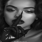 **ultra detailed 8k cinematic black and white beauty portrait of a young woman from chest up, vertical frame, face, hands and hair filling the composition, smooth neutral grey studio background with soft dark vignette on the edges, center of the frame is her eye, lips and finger in a "shh" gesture oval symmetrical face with soft but well defined features, ultra smooth flawless skin, no pores, no wrinkles, perfect beauty retouch, straight elegant nose with soft highlight along the bridge and gentle shadow under the tip full sensuous lips with a sharp cupid’s bow, slightly parted, a thin bright glossy highlight strip on the lower lip emphasizing volume, subtle light reflection on the lip gloss one eye visible through a gap between fingers, other eye mostly hidden by the upper hand, long thick eyelashes like fake lashes, small bright catchlight in the pupil, upper eyelid with smoky eye makeup, darker tone along lash line fading smoothly towards the brow, dark thick well shaped eyebrows, gently arched, not overdramatic dark wavy hair, big glossy waves falling down, one clear S-shaped wave on the right side of the frame, soft highlights along the strands to show texture, hair swept away from the cheeks so the face is not covered both hands in thin semi-transparent black gloves up to the forearm, upper hand placed horizontally across the upper face, back of the hand towards camera, fingers slightly spread so that one finger is above the brows and another lower finger creates a narrow gap that reveals the eye, fingertips long and tapered, sharp stiletto-like nails visible under the sheer fabric, subtle darker seams along the fingers and glove edges lower hand bent so that the index finger is vertical and gently touching the center of the lips in a classic "shhh" pose, [...]** - Image #1 <@1264899319799222315>