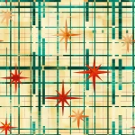 **seamless repeating geometric pattern, atomic-era plaid made of intersecting gold and teal lines with red starburst ornaments at the crossings, mid-century modern Christmas aesthetic, repeating textile or wrapping paper design --tile --ar 1:1 --v 6.0 --chaos 5 --raw** - Image #3 <@973241297529868358>