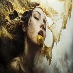 **exquisitely surreal and ominous painting by Taras Loboda + Annick Bouvattier + Yoann Lossel Of honey woman with yellow honeycomb tongue, in the style of oil paintings, intimate portraits , photo-realistic compositions, raw emotions, i can't believe how beautiful this is, gold, uncanny juxtapositions --chaos 30 --ar 7:4 --v 6.1 --s 888 --weird 333** - Image #1 <@1038536641180094535>