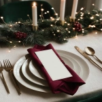 **<https://s.mj.run/szdxcsB2cP8> A white mockup invitation card. Elegant festive christmas background, warm light, fairy light bokeh, linen tablecloth, elegant and natural holiday aesthetic. red napkins. Red, deep green, beige color palette. Elegant Christmas --ar 3:4 --v 7.0** - Image #2 <@1038768977310121984>