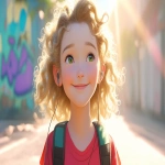 **a medium shot of a realistic illustrated happy 7-year-old Caucasian female student from America, they have a well-defined nose and a well-defined jawline, they have green eyes and curly blonde hair, they stand with their head and neck and shoulders completely square to the camera and facing forward, their entire body is facing forward, they wear a backpack, they have headphones on their head, they stand in front of a white wall with bright graffiti art spray painted on it, it is daytime, the sun is shining bright, high-definition, anime-style, --ar 16:9 --niji 6** - Image #4 <@1065025086664474674>