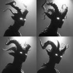 **Design a greyscale hyperrealism, shadow figure with glowing white eyes and horns --v 7.0** - Variations (Strong) by <@1116424656908464158> (fast)