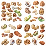 **watercolor illustration of assorted nuts cashew, hazelnut, peanut, pistachio, walnut, almond, and forest nut detailed, soft natural colors, realistic botanical style, isolated on white background, high quality, clipart set, gentle shadows, cohesive composition, hand-painted watercolor style --v 6.0 --ar 1:1** - <@1340003748419731519> (fast)