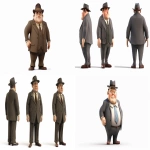 **Average US male citizen from the 1950'. cartoony, 3d, video game, white background, full body, 1950 style, middle class working man with suit and fedora, plump, slightly big head and hands --ar 9:5 --v 6.0** - <@377164013374537729> (fast)