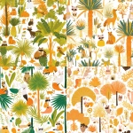 **Lovely children's wallpaper with fan palm trees, orange - green fronds, and adorable animals in the forest, white background, Scandinavian-style illustrations, hand-drawn doodles, cartoon characters, soft and rich colors, autumn season. The artwork features a variety of woodland creatures such as raccoons, possums, and rabbits. A chestnut tree with a thick canopy stands in the middle of the glade. It gives off a cozy and homely feeling. --ar 1:1 --niji 6 --tile** - <@409716268476923920> (fast)