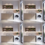 **modern apartment laundry room, one washing machine, sink, cabinets, light color palette, potted flowers, laundry products on shelves, clean and minimal design, bright natural light, cozy and organized, realistic, frontal view --v 6.0 --ar 4:5** - Variations (Region) by <@1095141824018010255> (fast)
-# Create, explore, and organize on [midjourney.com](<https://midjourney.com/imagine?from_discord=1>)