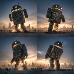 **<https://s.mj.run/rWcFtaYzAZ8> The Android Robot made of mobile phones is collapsing, there are gaps in the robot and it is crumbling away, it is falling apart, leaving to one side, about to tumble, people looking up at it, trying to get inside it, cityscape, hyperrealistic, photorealistic, metallic, glowing, raytrace, super realistic, magic hour, dramatic lighting, art style of Blade Runner** - Variations (Strong) by <@1048326817838280714> (fast, stealth)