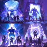 **a group shot of thanos and his companions in a gleaming moonlight coming out of a high tech portal behind them inside a futuristic facility --niji 6** - <@1145988575888953424> (fast)