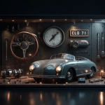 **A highly detailed 3D illustrative render, in the visual style of cinematic lighting. The scene shows a large wall-mounted display panel designed like a piece of luxury automotive art. The display is a single elegant frame containing all elements together in one unified composition: a Porsche Speedster 1956 scale model at the center, surrounded harmoniously by key authentic components a classic Porsche wooden steering wheel, the metal license plate "CLD 71" very important, a pair of original engine pistons, a vintage analog stopwatch, and the front bumper with round headlights of the car. The materials are rendered with realistic reflections and warm ambient lighting, highlighting metal, glass, and rich wood textures. The background is dark and sophisticated, with subtle LED glows around each object. The overall aesthetic should evoke a luxury automotive museum meets art gallery, precise like an engineering diagram, yet cinematic and elegant.** - Image #4 <@153912116150140929>