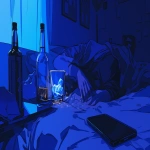 **comic book Cel-shaded anime style with bold clean linework, a dimly lit nightstand with a glowing phone beside a half-empty liquor glass or bottle, soft neon purple and blue lighting, shadows stretching across messy sheets, notifications pulsing gently, cinematic intimate mood --niji 6 --ar 16:9** - Image #4 <@257221362568003584>