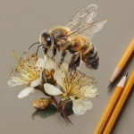 **A honey bee sitting a flower. Detailed pencil drawing.** - Image #3 <@817022345902162030>